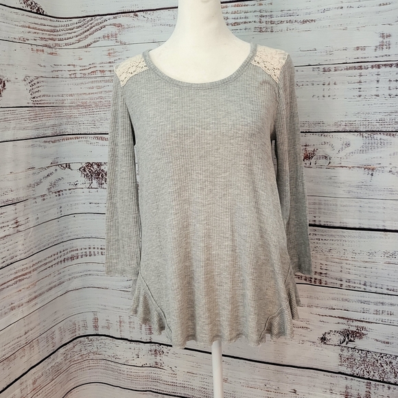 Taylor & Sage Ribbed Babydoll And Lace Top Small Gray Cream - Picture 2 of 12